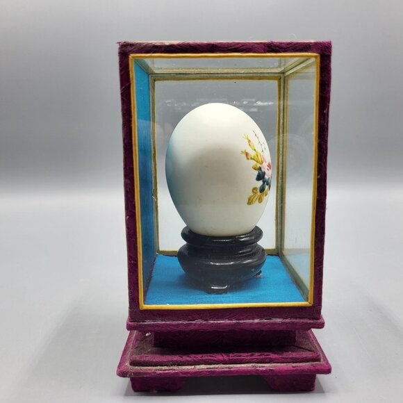 Vintage Chinese Hand Painted Decorative Egg In Display Case Floral Butterfly - Picture 4 of 12